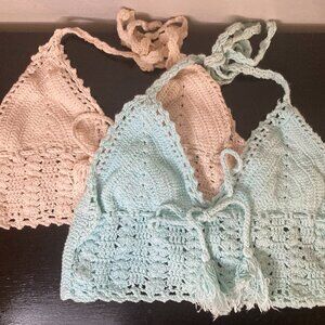 Kendall and Kylie Set of 2 Crochet Crop Tops - Cream & Light Blue - Size XS
